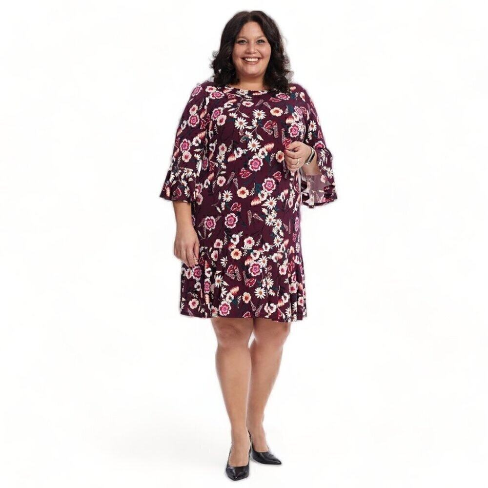 Eliza J Purple Pink Floral Print Bell Sleeve Drop Waist Knee Length Dress Sz 10